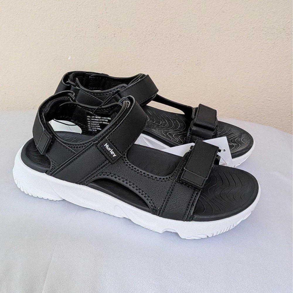 New Hurley Men's Adjustable Strap Sandals Shoes Black White Size 8